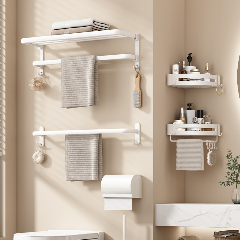 Estante de toallas blancas estantes de toallas sin perforación para el hogar espacio de aluminio para el baño plegable doble barra de toallas