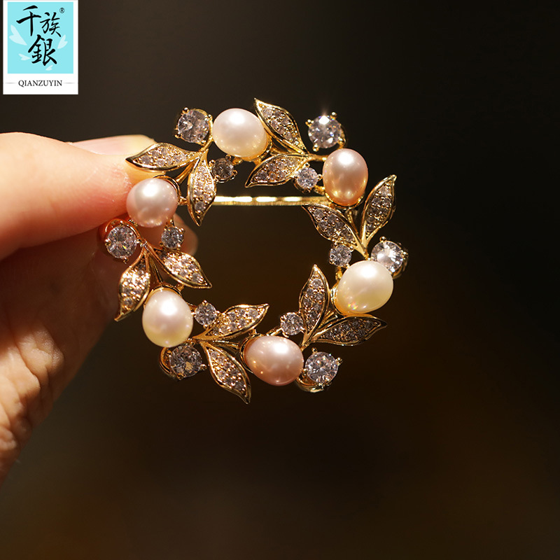 Thousand Family Silver Natural Freshwater Pearl High-grade Copper Zircon Olive Branch Wreath Brooch Women's Corsage Pin Buckle