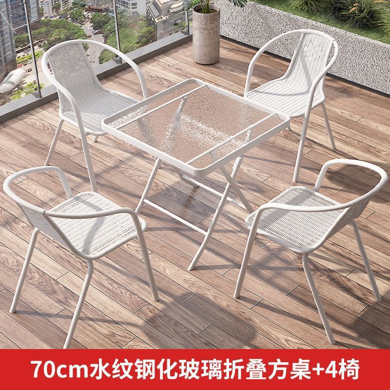 Mesa y silla de balcón de tres piezas, mesas de té casuales, combinación de vidrio blanco plegable, una mesa y dos sillas, mesas de té pequeñas