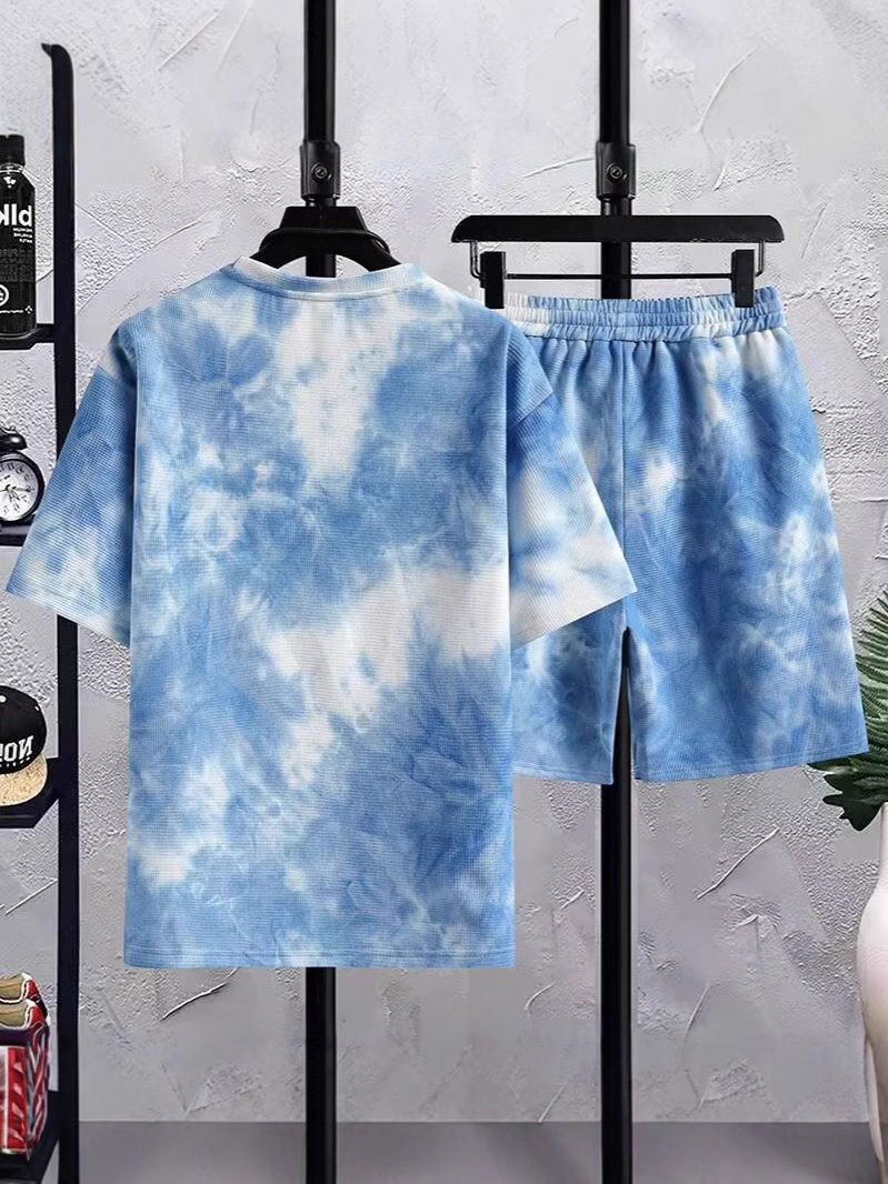 Camisas menos ropa deportiva set hombre de verano camiseta de mangas cortas camiseta de baloncesto casual coreano atado teñido pantalones cortos set de dos piezas