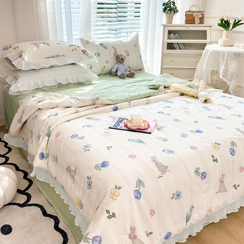 Cotton Soy Fiber Summer Quilt,Pure Cotton Four-piece Air-conditioning Quilt,Skin-friendly,Machine Washable,Small Fresh Cartoon Summer Thin Quilt