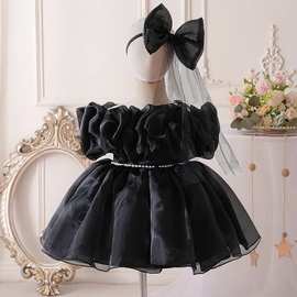 亚马逊黑色儿童礼服公主裙蓬蓬纱褶皱一字肩婚纱中小童生日花童裙