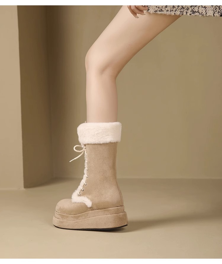 2024 nouvelles bottes de neige à semelles épaisses en fourrure mi-tube hiver fourrure intégrée en peluche épaisse chaussures en coton rehaussant la hauteur_voghion.com