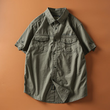 2024年夏季棉水洗工装休闲短袖衬衫薄宽松男士半袖军装衬衣潮男衫