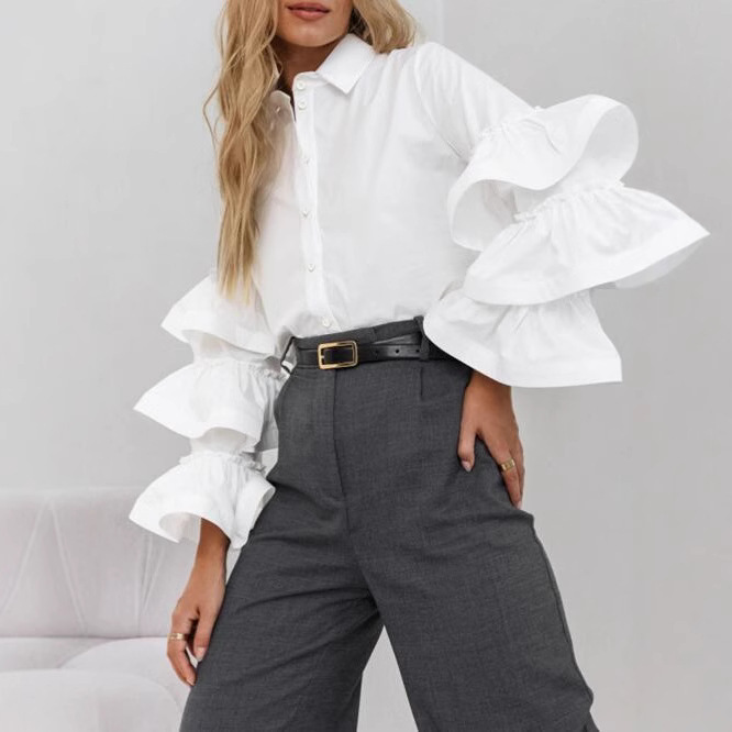 European and American Amazon French Design White Lotus Leaf Sleeve Shirt 2024 Autumn and Winter New Casual All-match Elegant Women European and American Amazon French Design White Lotus Leaf Sleeve Shirt 2024 Autumn and Winter New Casual All-match Elegant Women