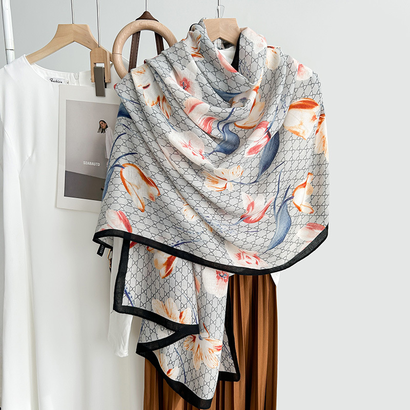 Nueva seda impresa bufandas delgadas bufandas de algodón y lino mujeres otoño y invierno de alta sensación larga chal cálido image 8