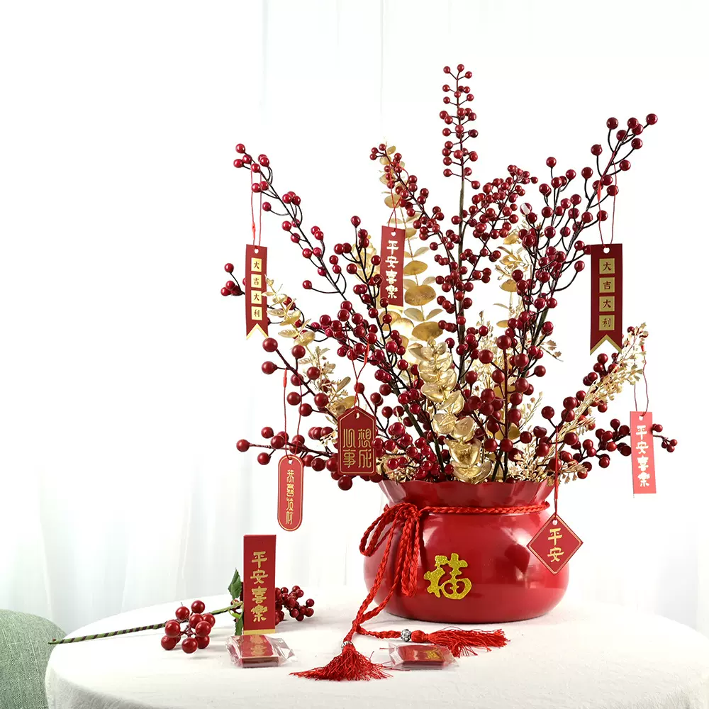 仿真红果发财果金钱叶子婚庆摄影家居摆件圣诞浆果新年福桶装饰