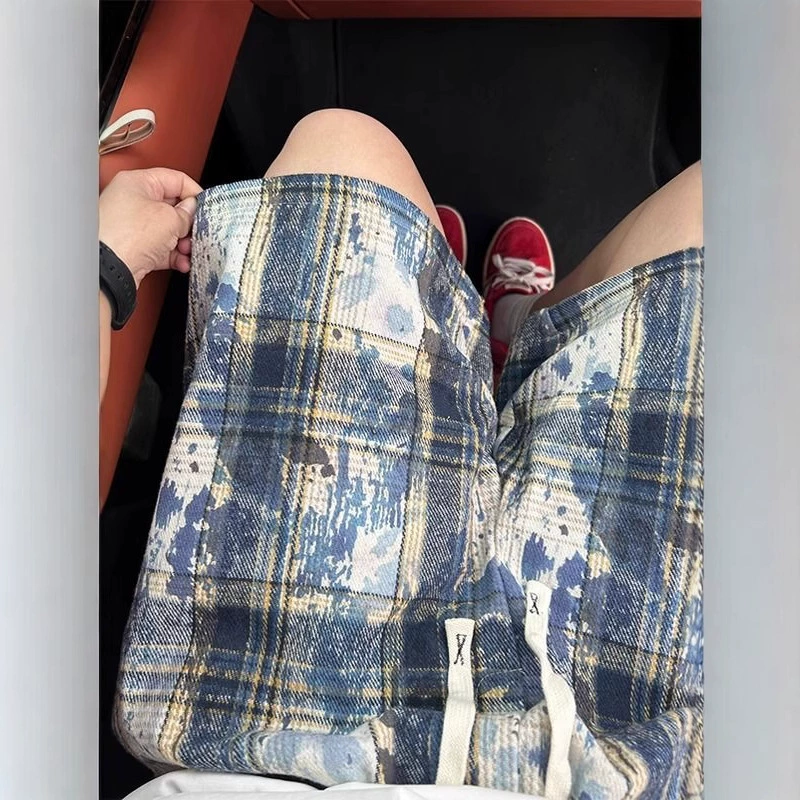 Зеленые клетчатые шорты с принтом тай-дай, мужские летние модные повседневные свободные спортивные брюки с пятью точками, модные модные клетчатые брюки