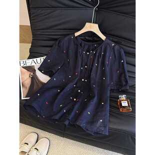 Korean-Style Heavy Embroidery Small Heart Round Neck Short-Sleeve Shirt for Women, Summer Temperament Top, Super Pretty Ramie Thin Blouse