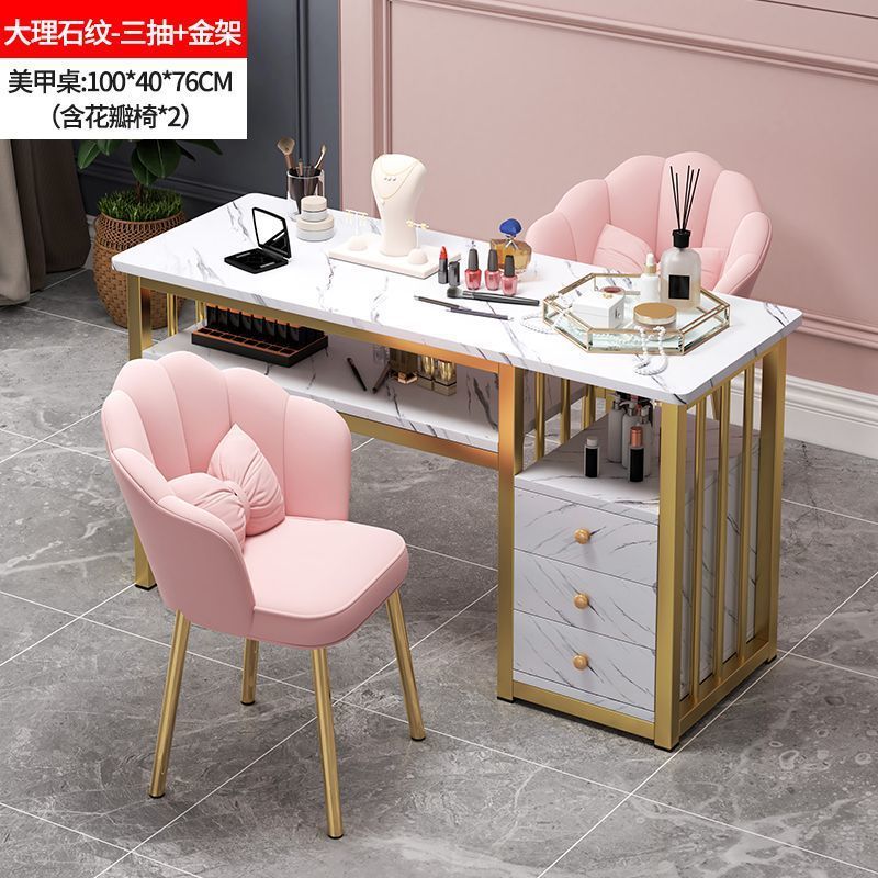 3개의 서랍이 있는 100개의 금 프레임 측면 캐비닛 + 꽃잎 의자*2