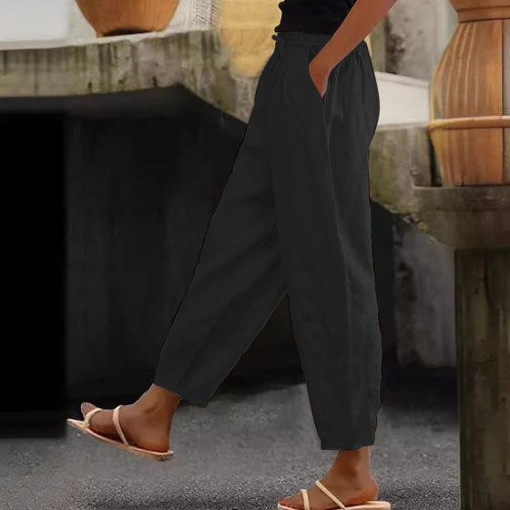 Europe and the United States cross-border spring and autumn new women's pants cotton and linen solid color fashion casual daily side bag elastic casual pants women's pants