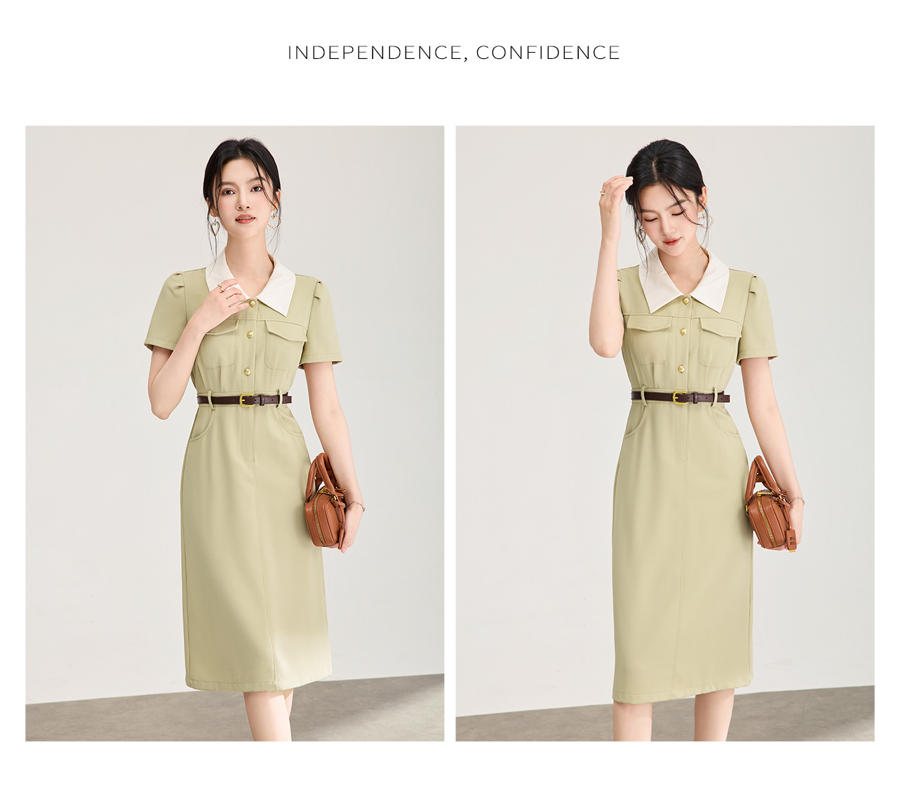 Đầm dài cổ sơ mi phong cách vintage nữ tay ngắn dáng suông — xanh lá cây chi tiết 13