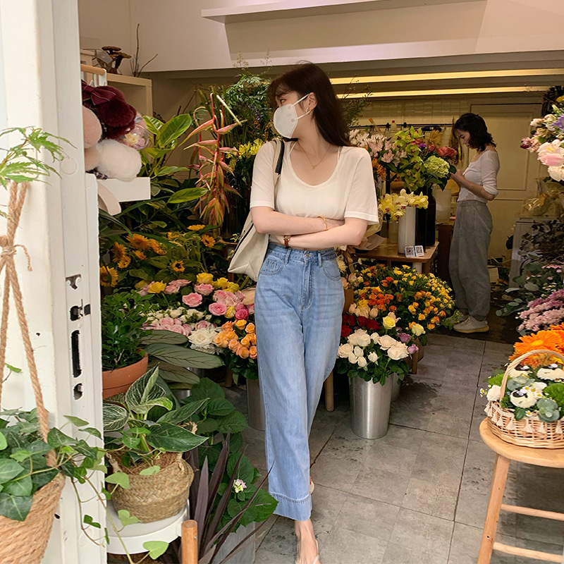 テンセルデニムパンツ レディース ゆったりストレート 夏用 九分丈 薄手 ハイウエスト ワイドレッグ 着痩せ効果 アイスシルクパンツ|undefined