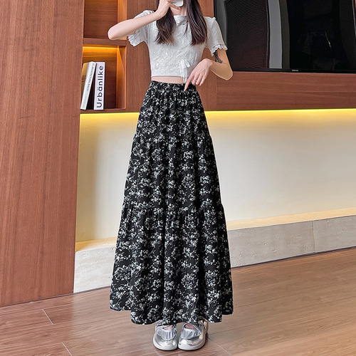 Floral skirt for women new spring and summer black mid-length high-waist retro slimming hips A-line large umbrella skirt