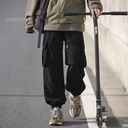 Japanese corduroy work pants for men, autumn American casual retro multi-pocket high street loose plus-size tie-up pants