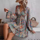 European and American Cross-border 2025 Spring New Elegant Women's Floral Printed V-neck Horn Sleeve dress