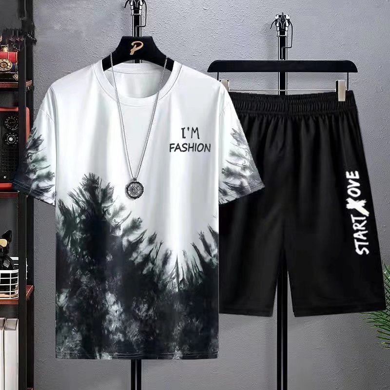 Camisa de manga corta pantalones cortos traje de estilo coreano más tamaño moda de tinta de moda pintura estilo nacional personalizado Comercio exterior Suministro Superior