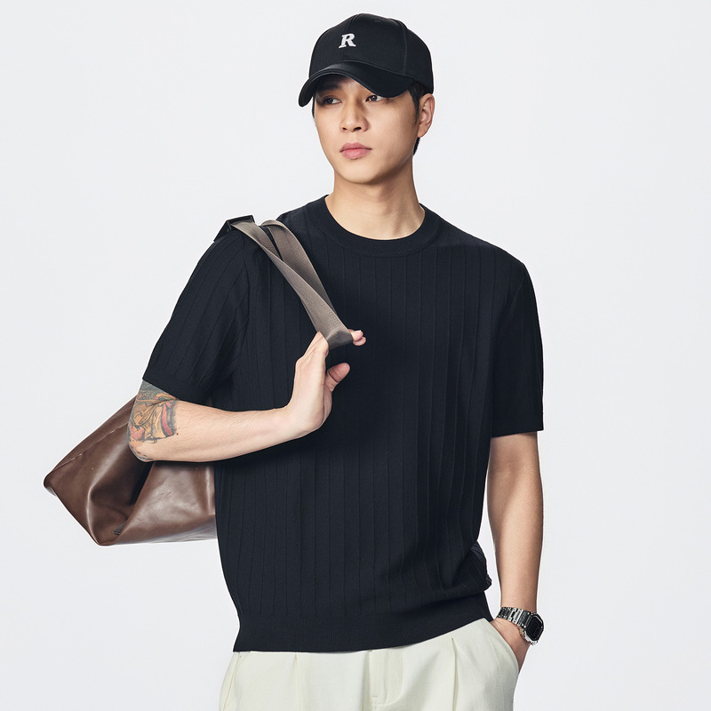 Striped Design Solid Color Round Neck Short-Sleeve Knit Shirt for Men, Summer 2026 New Vintage Casual Loose Slimming Top