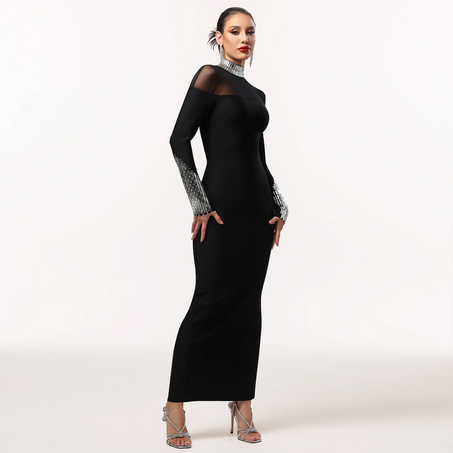C7592 Aliexpress transfronterizo Amazon Europa y América de moda moda de mujer temperamento de cuello alto diamante caliente exquisito vestido de alta calidad image 4