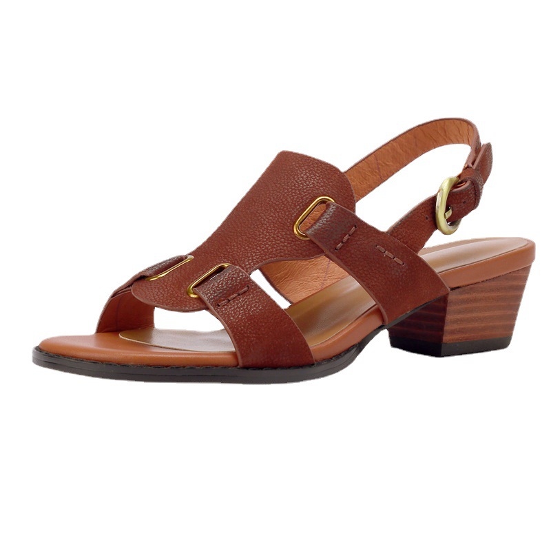 Sandal La Mã cổ điển hở mũi quai khóa gót dày nữ — Màu nâu