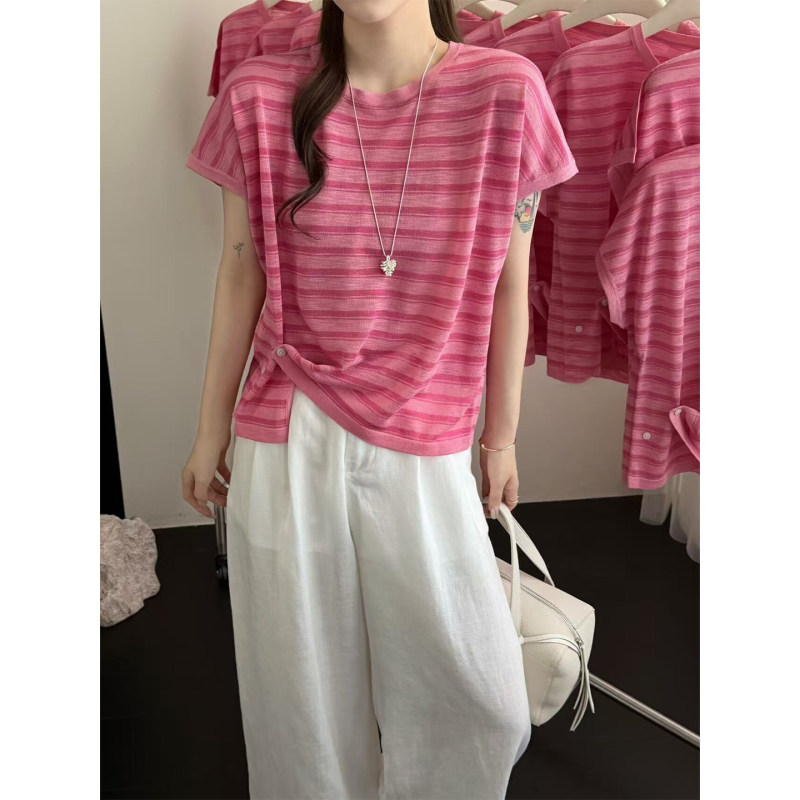 Pink Striped Short-Sleeve Knit Top for Women, Summer Thin Style, Korean Loose Design, Youthful Look, Flutter Sleeve T-Shirt Pink Striped Short-Sleeve Knit Top for Women, Summer Thin Style, Korean Loose Design, Youthful Look, Flutter Sleeve T-Shirt