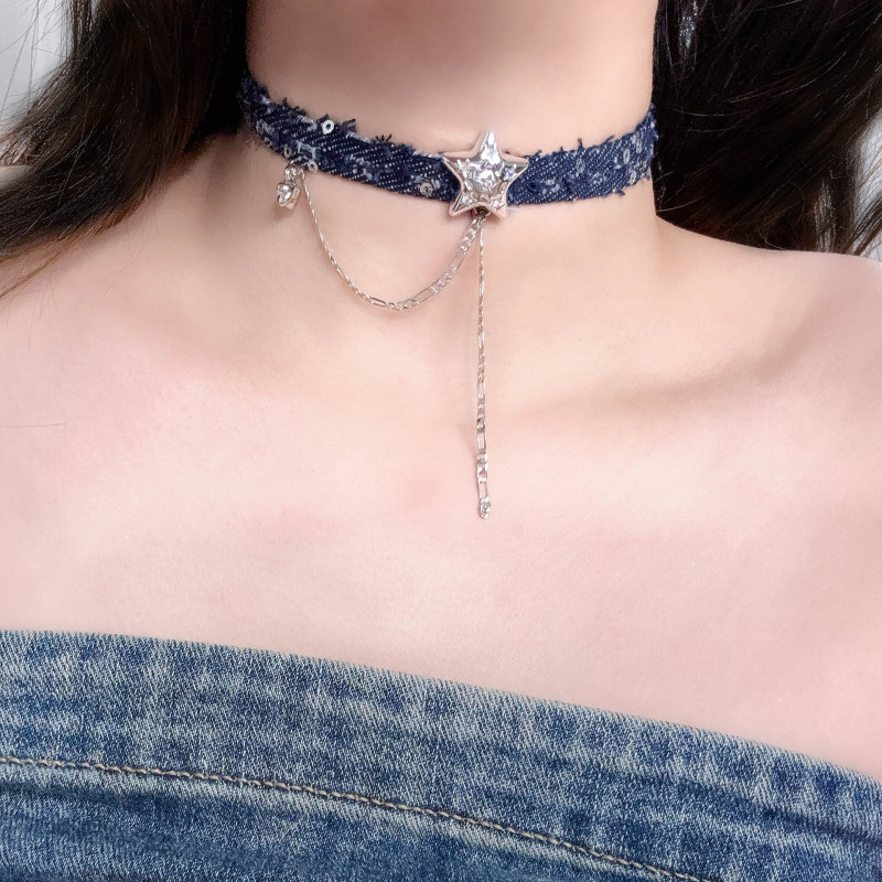 Cross-Border New Jewelry Denim Choker Choker Star Tassel Pendant Clavicle Chain Heart Necklace for Women