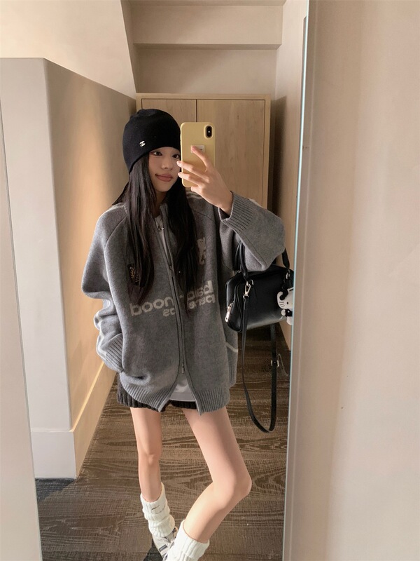 2025新款美式复古竖条纹立领毛衣外套女秋季宽松显瘦气质灰色上衣|undefined