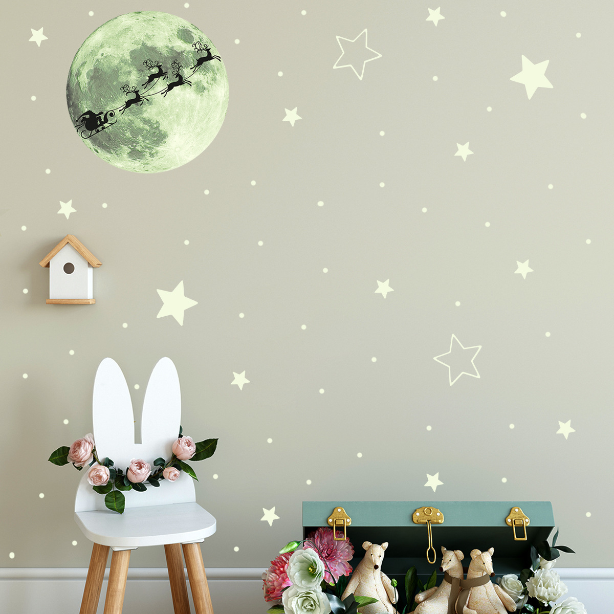 Leuchtender Weihnachtsmann Wandaufkleber Mit Mond Und Sternen_voghion.com