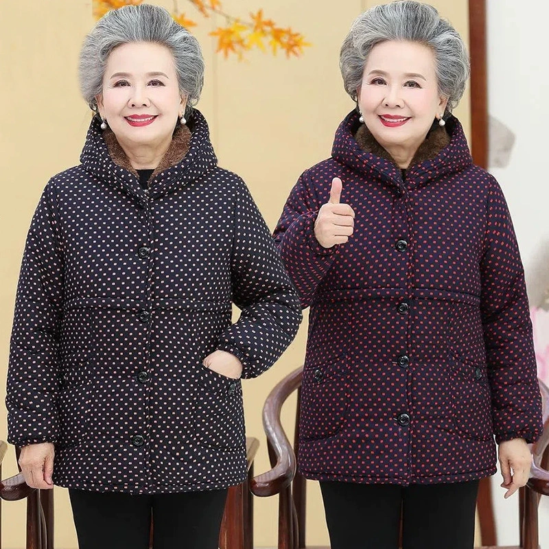 Куртка с хлопковой подкладкой для пожилых женщин 70-летняя 80-летняя мама, короткая куртка с хлопковой подкладкой для бабушки, зимняя утолщенная куртка с хлопковой подкладкой на флисовой подкладке с капюшоном для старой леди