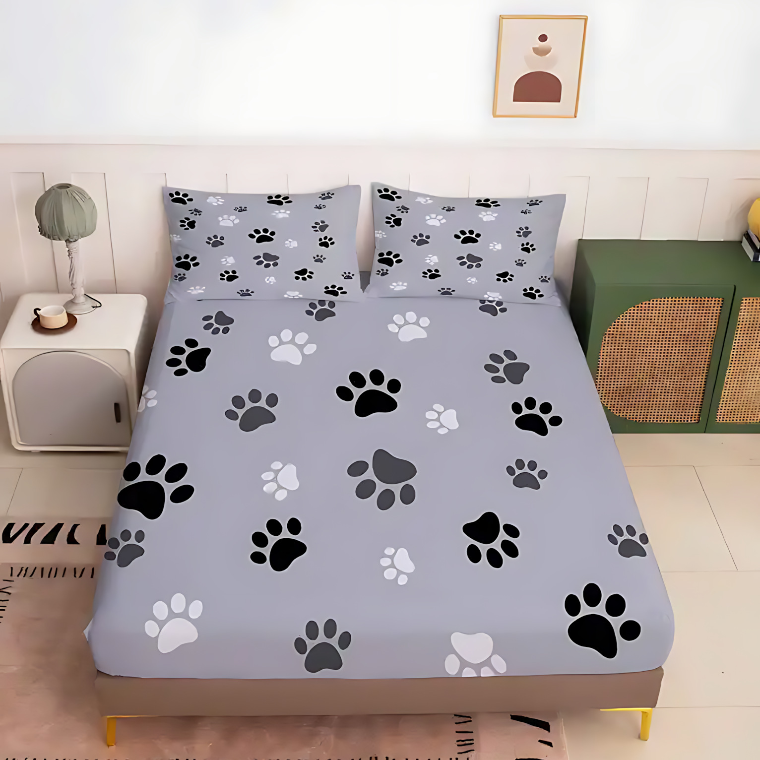 TEMU / JIT Cross-border cute puppy footprint pattern suave cama cómoda camisa colchón set de ropa de cama