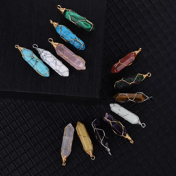 Europe and the United States popular winding copper wire amethyst double pointed hexagonal column pendant foreign trade natural stone agate bullet necklace