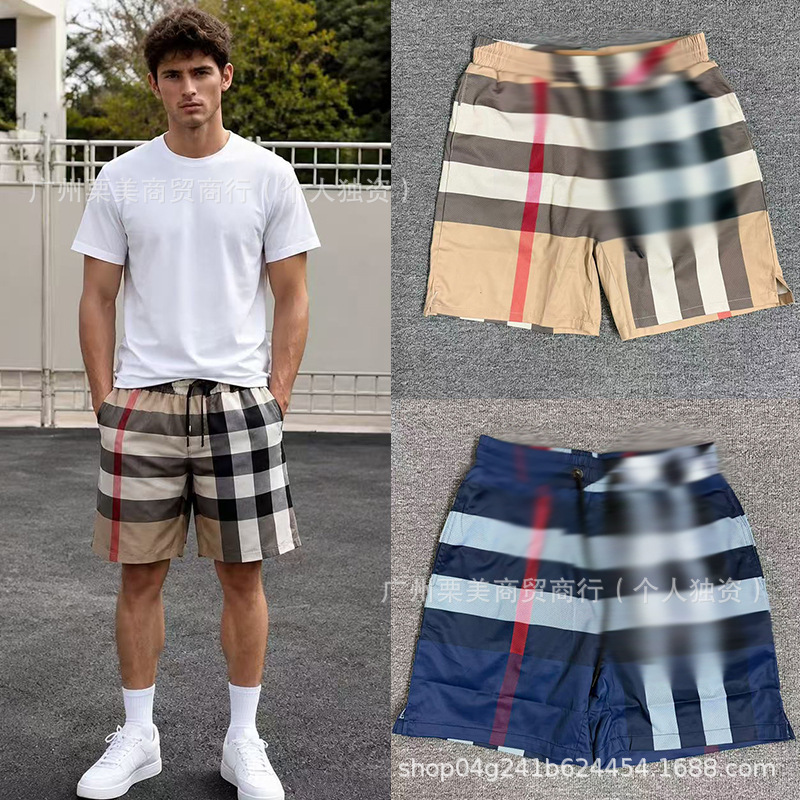 Three labels complete. Original Burberry men's classic plaid shorts, summer British style striped plaid beach pants.