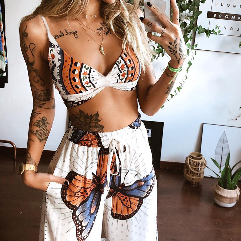 Dames zomer set met strapless top en broek met wijde pijpen mode_voghion.com