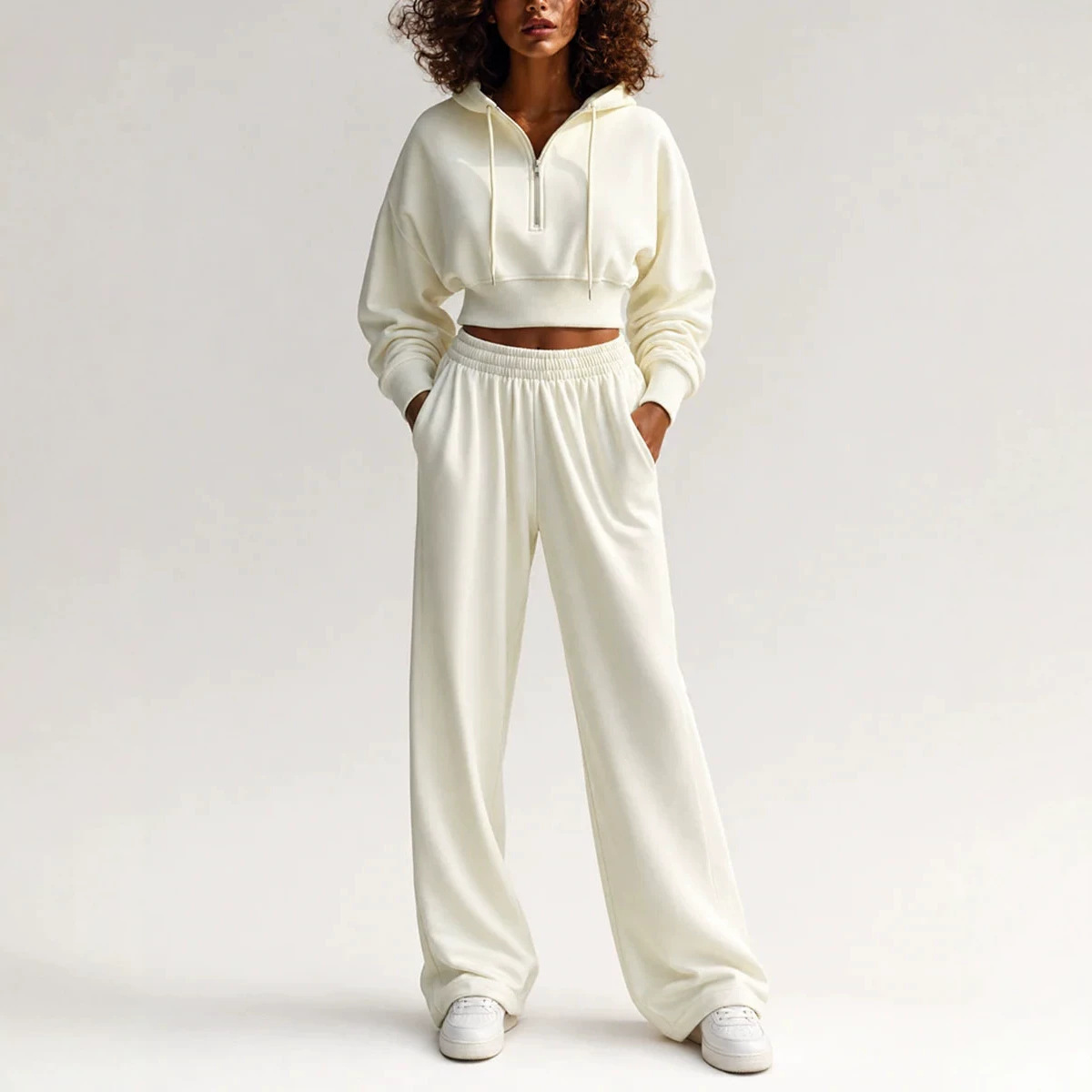 Cross-border independent brand two-piece set: half-zip short hooded sweatshirt and cropped casual wide-leg pants for autumn and winter European and American women's fashion