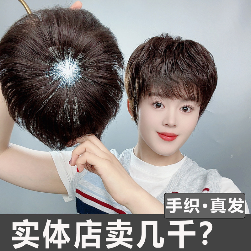 Wig Women's Hair Cover Hand-Woven Wig Head Cover Real Hair Short Hair Middle-Aged and Elderly Mothers Full Real Hair Light and Breathable Style