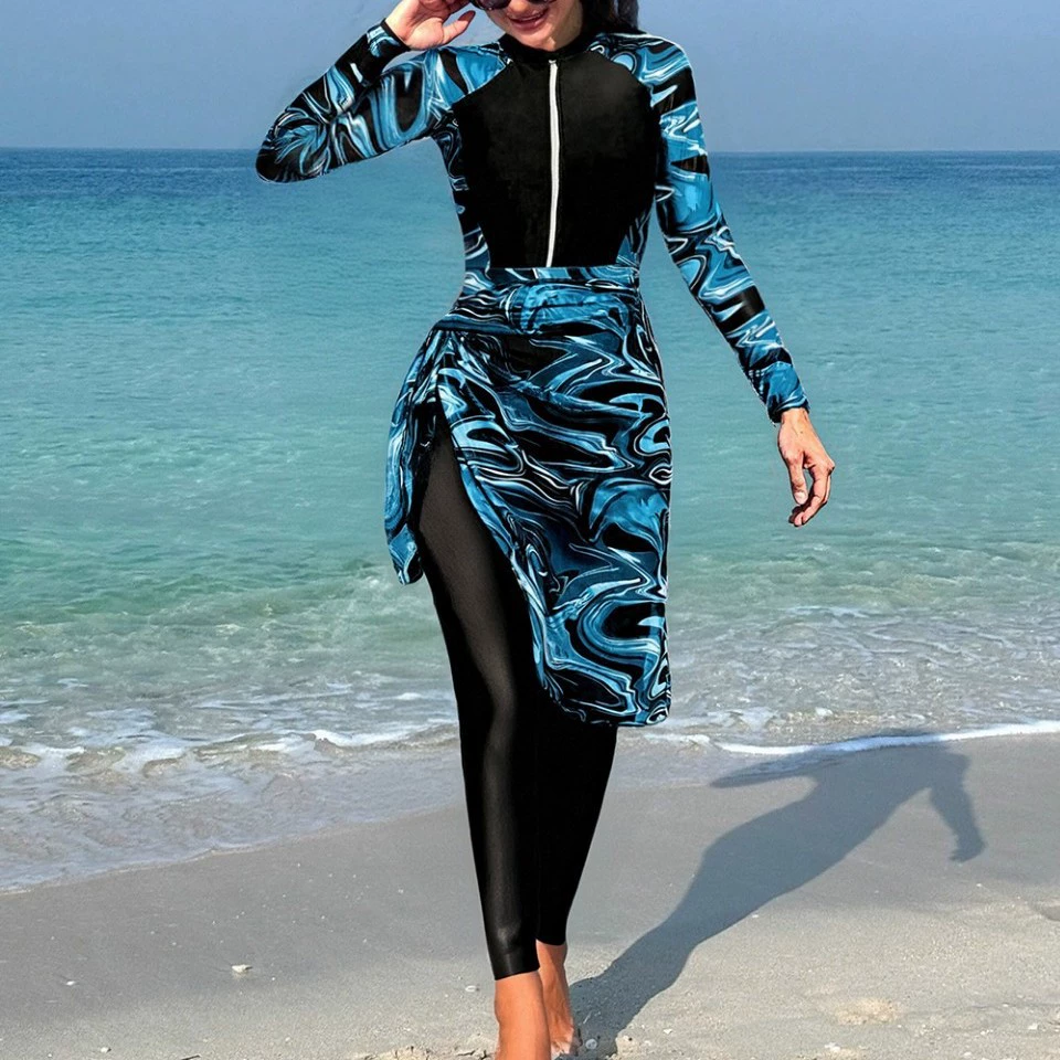 2025 новый большой размер, женский цельный купальник, консервативный, закрывающий живот, для похудения, защита от солнца, купальник на молнии с длинными рукавами для женщин