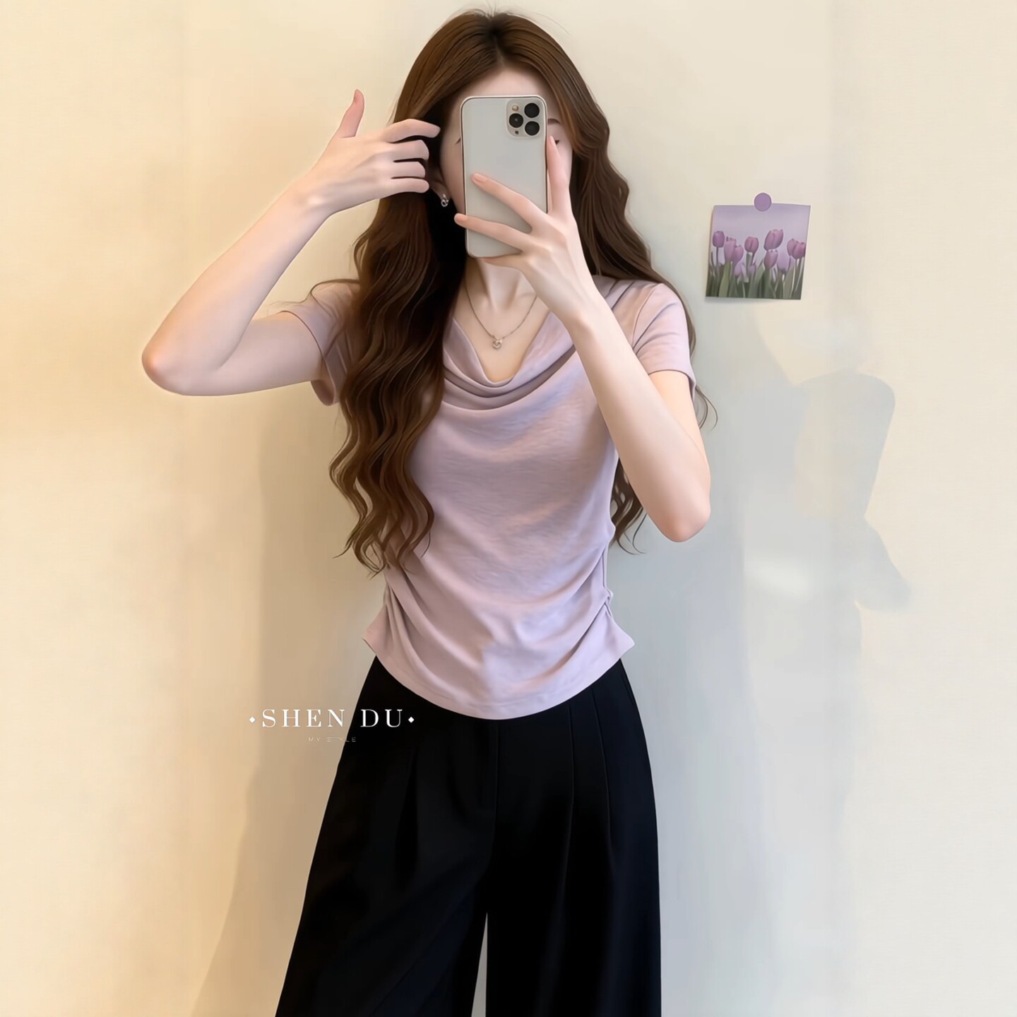 Áo thun tay ngắn cổ tròn màu tím phối nếp gấp eo che bụng cho nữ — Màu ảnh chi tiết 2