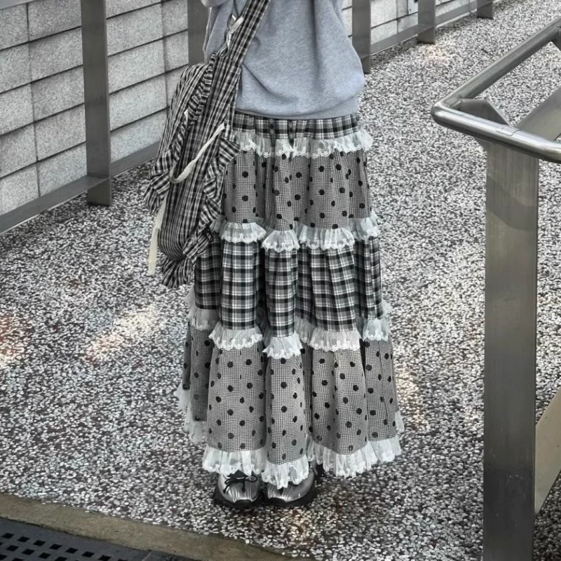 法式复古花边格子多层拼接大摆字长半裙百搭日系少女四季半身裙|undefined
