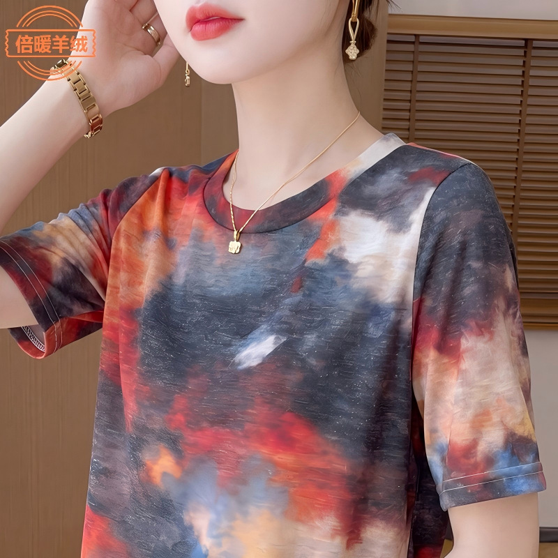 夏季新款针织短袖t恤女宽松百搭圆领水墨晕染时尚打底上衣半袖薄