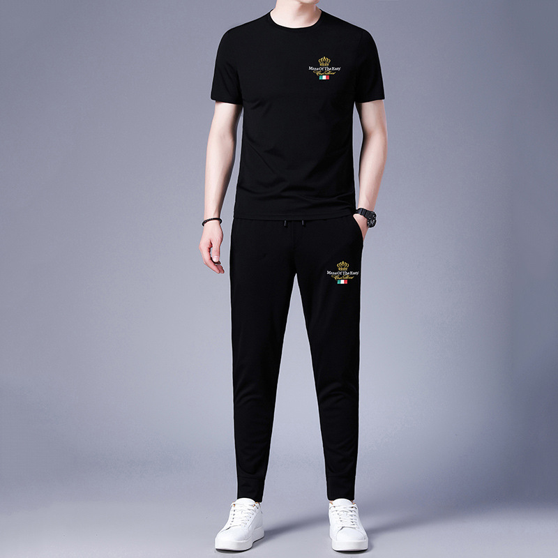 Factory Store Short-sleeved T-shirt Men's Summer and Autumn Fashion Ice Silk Clothing Two-piece Set Sports Handsome Men's Casual suit