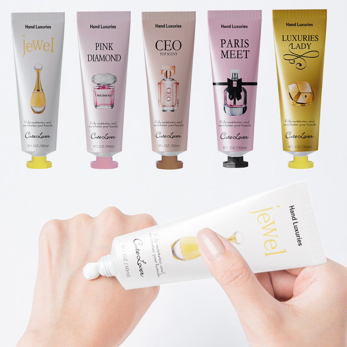 La misma crema de manos con perfume de marca grande tiene una fragancia perdurable y hidratante, así como un alto tipo de fragancia hidratante para otoño y invierno.