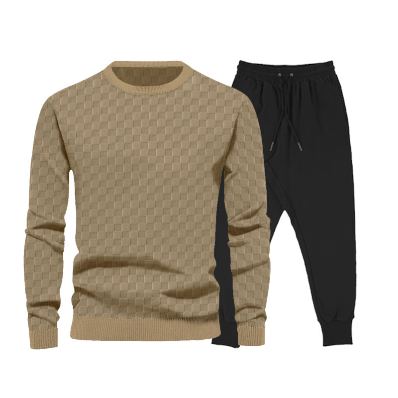 751g Weight Long Sleeve Sleeve Length Cotton Blend, Polyester Fabric Type Pants Sets Sets Type 2 Pieces Set Quantity Casual Occasion Round Neck Neckline Regular Fit Fit Type Plaid Pattern Winter, Autumn Season Men's Gender Streetwear Style Men's Autumn And Winter Jacquard Checkerboard Long-sleeved Trousers Sets  Men's Clothing 7