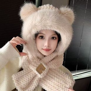 Bear Hat Scarf All-In-One Autumn and Winter Outdoor Cycling Cold-Proof Thickeneded Neck Scarf Warm Ear Protection Gloves Mask