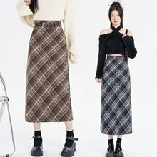 毛呢格子半身裙女2025年新款秋季大码胖MM高腰A字包臀开叉中长裙