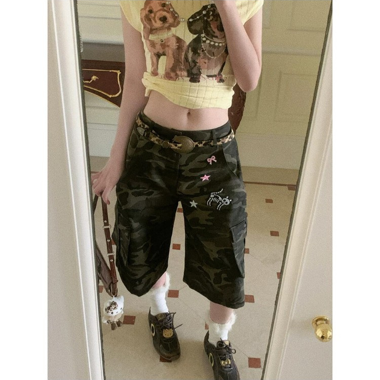 American Retro Camouflage Workwear Cropped Jeans for Women, Summer Pocket Wide-Leg Cropped Pants, Straight-Leg Shorts American Retro Camouflage Workwear Cropped Jeans for Women, Summer Pocket Wide-Leg Cropped Pants, Straight-Leg Shorts
