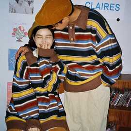 高品质秋款男针织衫双拉链polo领百搭休闲宽松镂空条纹拼色毛衣男