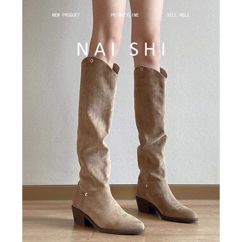 复古西部牛仔靴女v口尖头瘦瘦靴堆堆长靴粗跟高筒骑士靴