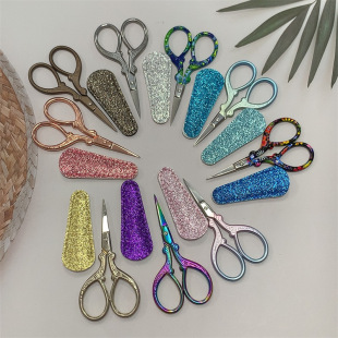Cross-Border Spot 9-Color Embossed Scissors with Color Glitter Leather Case Stainless Steel Gradient Xiaofeng Scissors Pointed Makeup Scissors