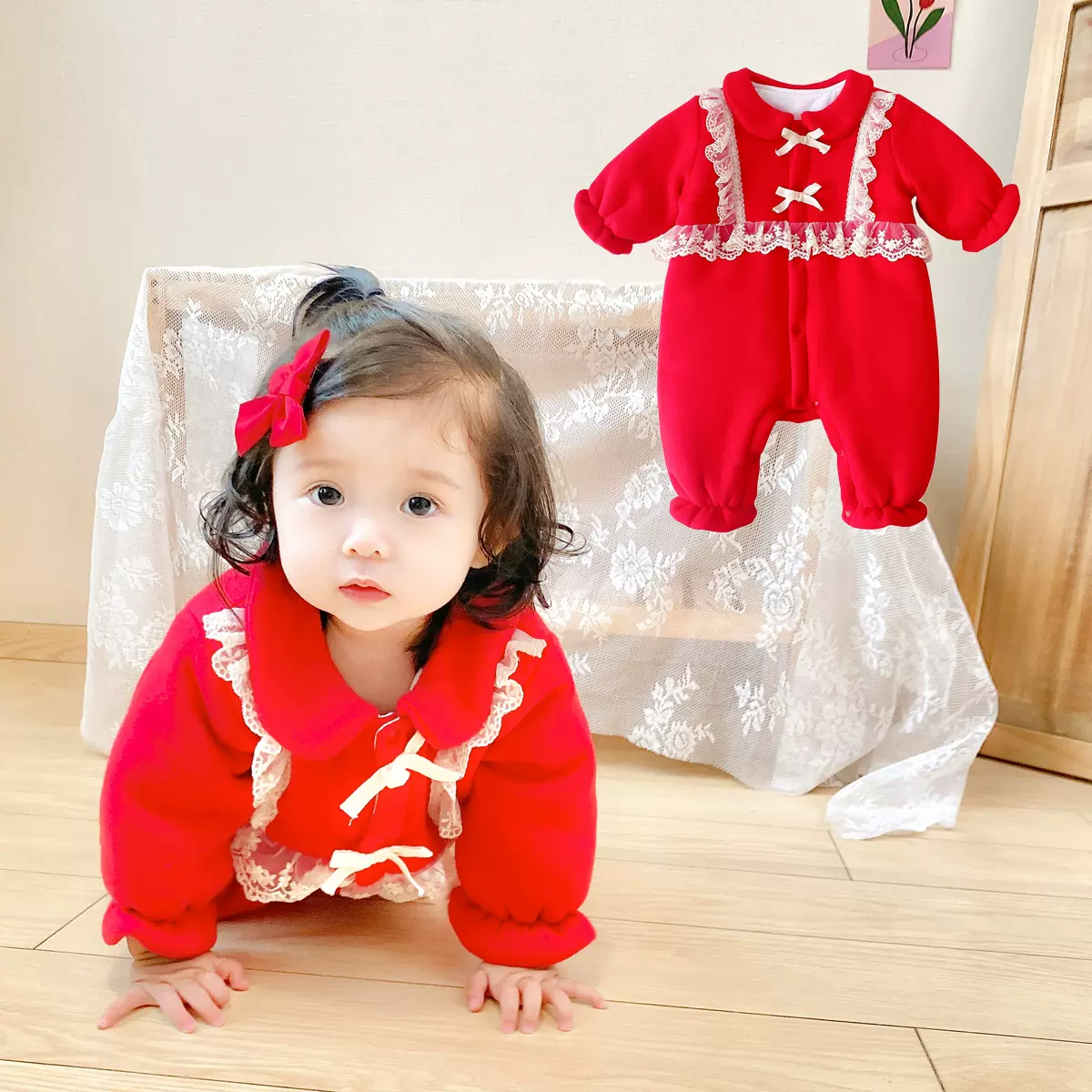 婴儿连体衣女宝宝拜年服冬装新生儿蕾丝棉衣中国风加厚爬服外出