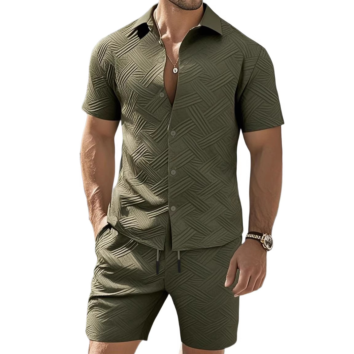 2026 Cross-Border Summer Men's Solid Color Jacquard Shirt Short Sleeve Shorts Two-Piece Casual Set_voghion.com
